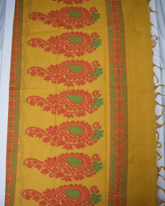Bhavana Handlooms mustard yellow handloom saree featuring traditional red and green bird motifs and woven border