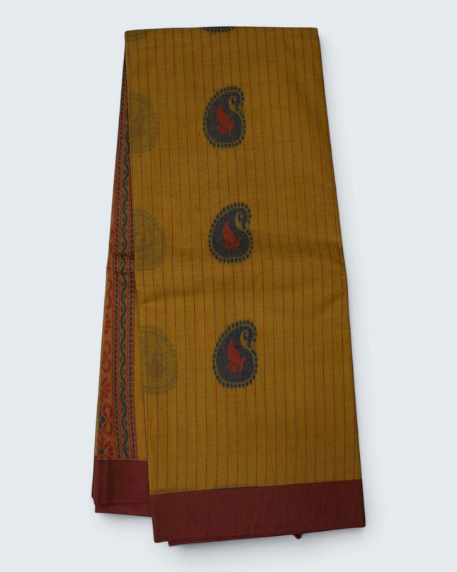 Bhavana Handlooms mustard yellow Coimbatore handloom saree with traditional paisley motifs and a maroon woven border.