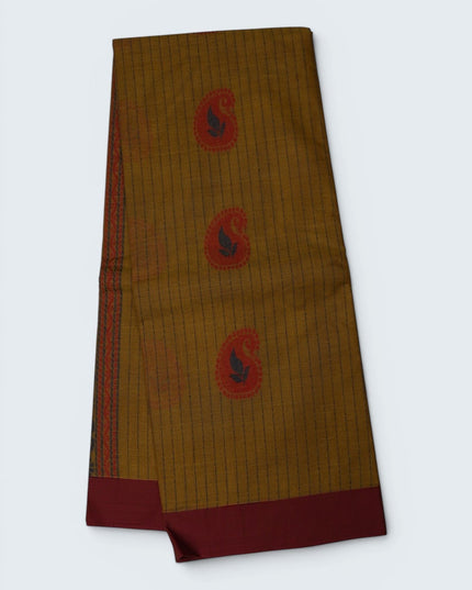 Bhavana Handlooms mustard yellow Coimbatore handloom saree with maroon border and traditional paisley motifs