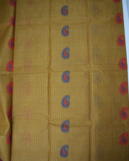 Bhavana Handlooms mustard yellow Coimbatore handloom saree featuring traditional paisley motifs and a maroon border.
