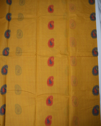 Bhavana Handlooms mustard yellow Coimbatore handloom saree with maroon paisley motifs and contrast woven border