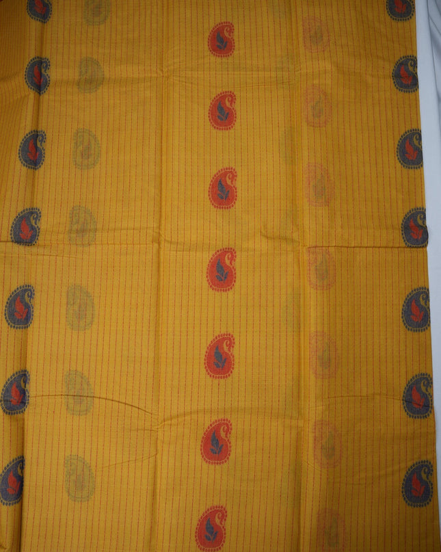 Bhavana Handlooms mustard yellow Coimbatore handloom saree with maroon paisley motifs and contrast woven border