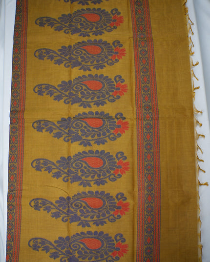 Bhavana Handlooms mustard yellow Coimbatore handloom saree with maroon border and traditional paisley motifs