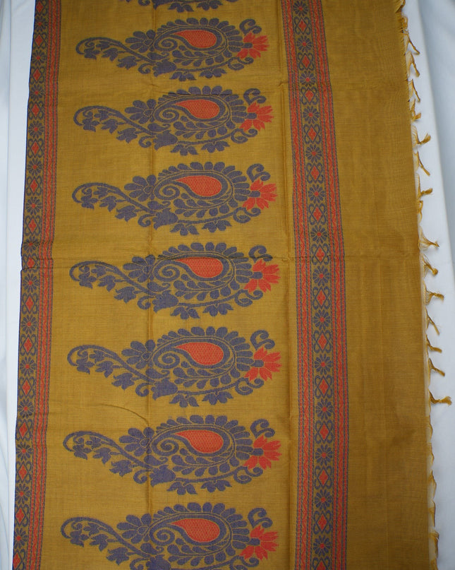 Bhavana Handlooms mustard yellow Coimbatore handloom saree with maroon border and traditional paisley motifs