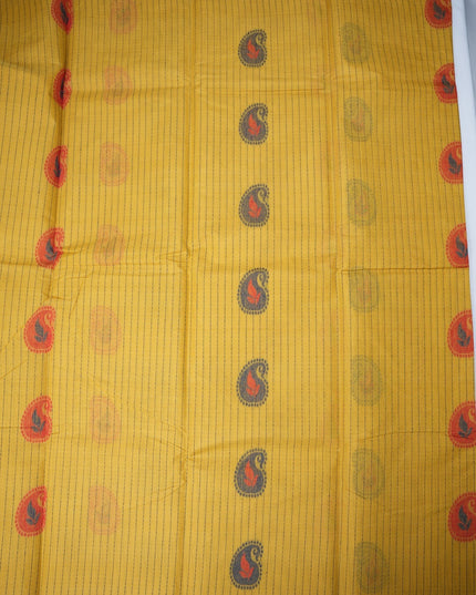 Bhavana Handlooms mustard yellow Coimbatore handloom saree with traditional paisley motifs and a rust woven border