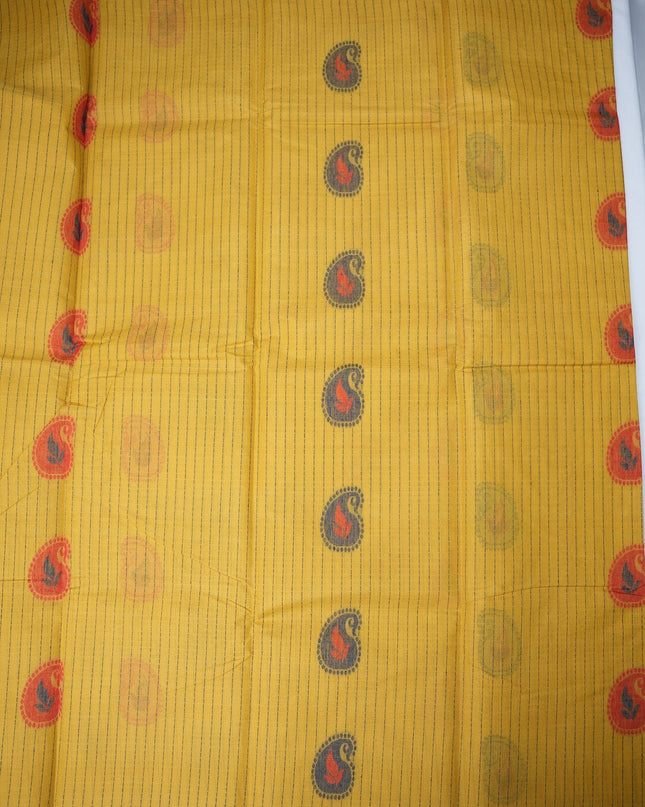 Bhavana Handlooms mustard yellow Coimbatore handloom saree with traditional paisley motifs and a rust woven border