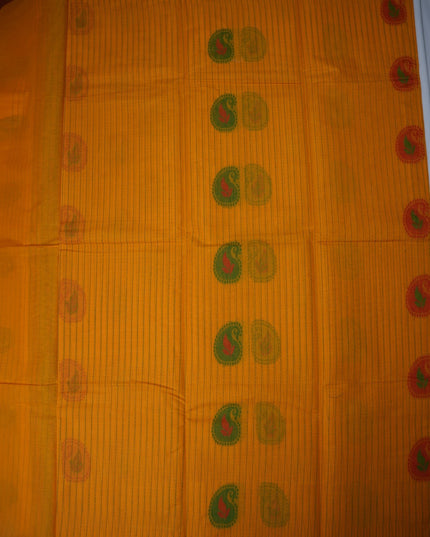 Bhavana Handlooms mustard yellow Coimbatore handloom saree featuring traditional paisley motifs and maroon border