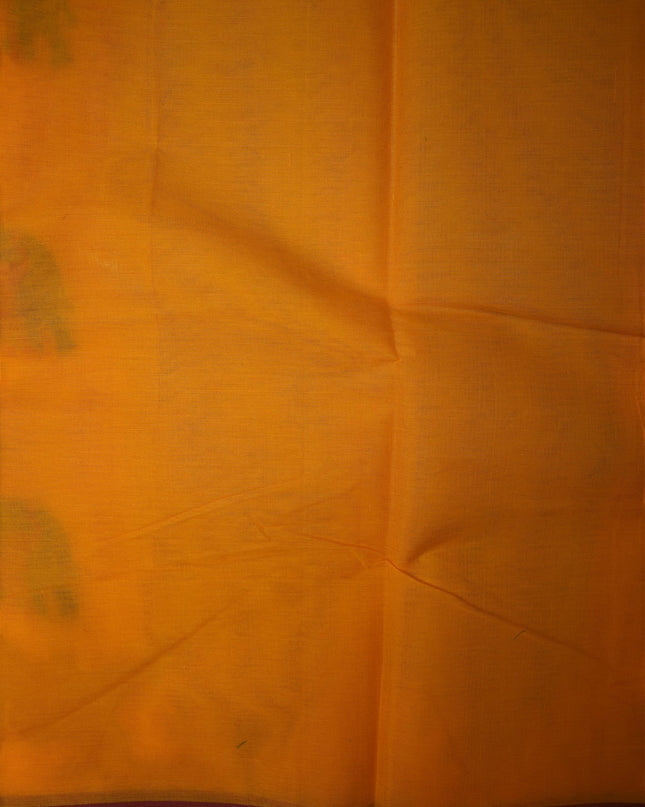 Bhavana Handlooms mustard yellow Coimbatore handloom saree with traditional elephant motifs and maroon woven border