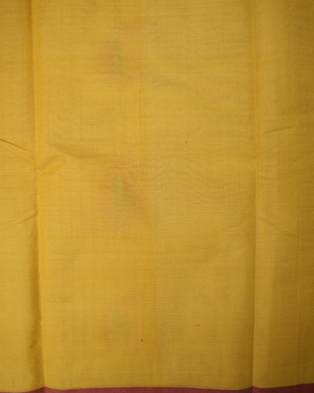Bhavana Handlooms mustard yellow Coimbatore handloom saree with a contrast maroon woven border and paisley motifs