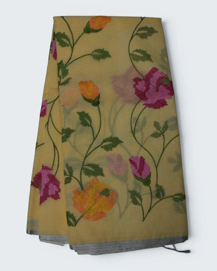 Bhavana Handlooms mustard yellow silk Kota saree with all-over floral embroidery and a woven border