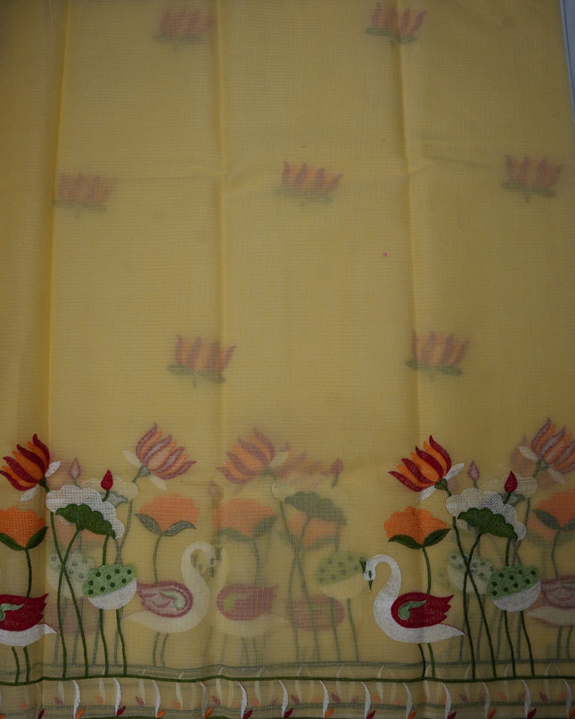 Bhavana Handlooms mustard yellow silk Kota saree featuring intricate swan and lotus embroidery and elegant border detail.