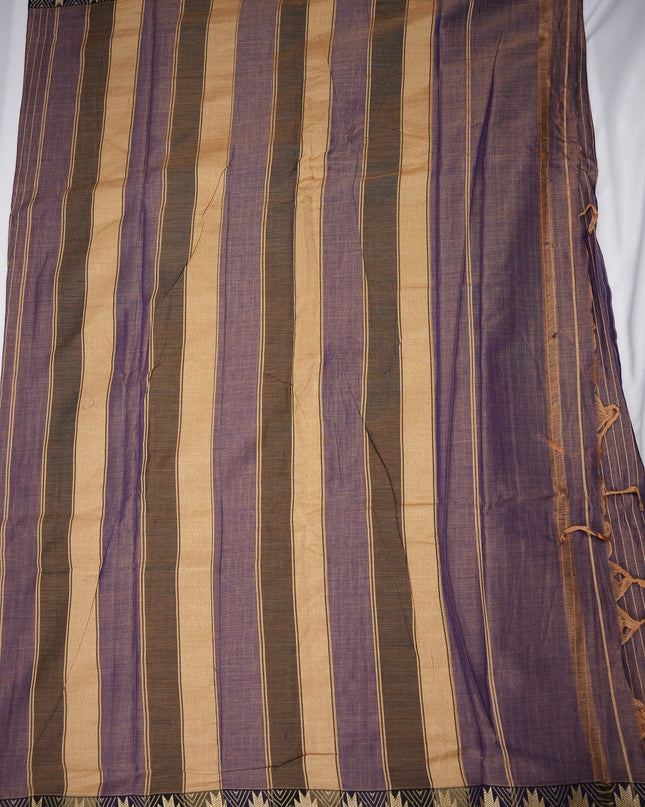 Bhavana Handlooms Narayanapet mercerized cotton saree in deep plum and tan stripes with a traditional geometric border. Lightweight and soft.