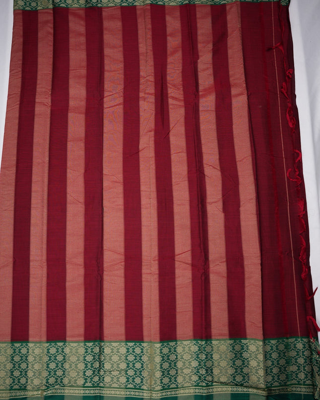 Bhavana Handlooms Narayanapet Mercerized Cotton Saree in ruby red with emerald green jacquard border. Lightweight and soft finish.