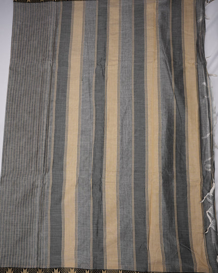 Bhavana Handlooms Narayanapet mercerized cotton saree in steel grey and beige stripes with a traditional black and gold border. Lightweight and soft finish.