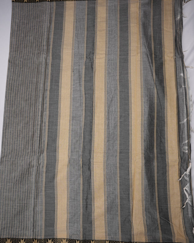 Bhavana Handlooms Narayanapet mercerized cotton saree in steel grey and beige stripes with a traditional black and gold border. Lightweight and soft finish.