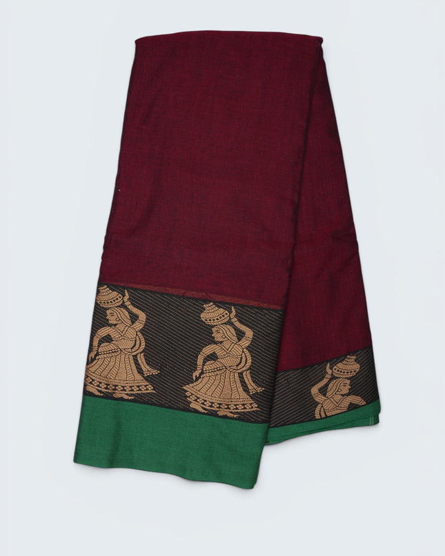 Bhavana Handlooms Narayanapet mercerized cotton saree in wine maroon with traditional figurative border and green hem. Lightweight drape.