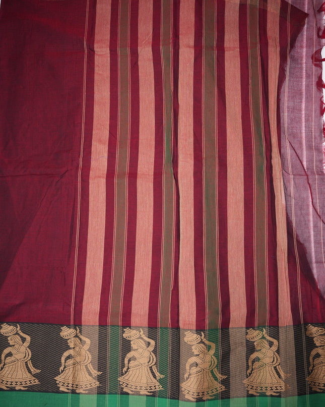 Bhavana Handlooms Narayanapet mercerized cotton saree in wine maroon with vertical stripes and a traditional figurative border. Lightweight drape.