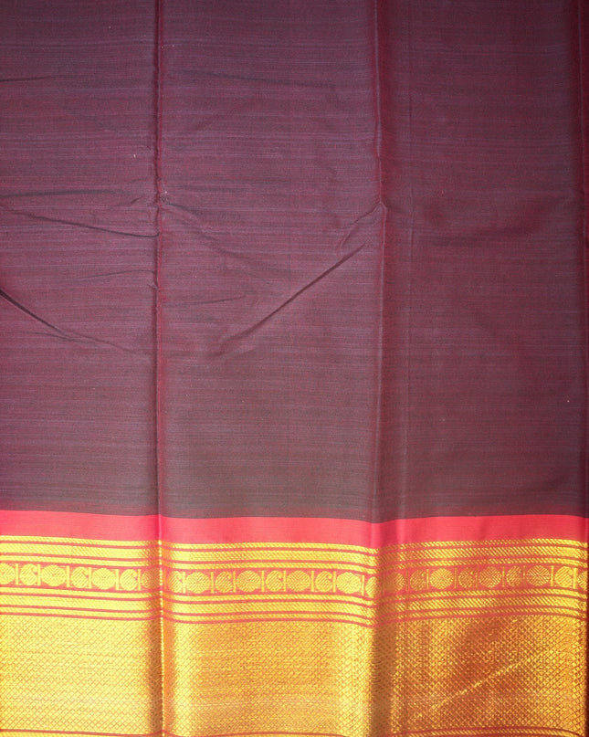 Bhavana Handlooms Narayanapet Mercerized Cotton Saree in wine maroon with gold zari border. Lightweight and soft finish.