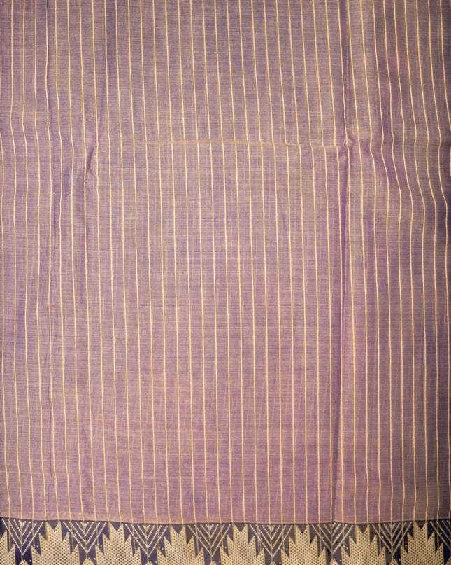 Bhavana Handlooms Narayanapet mercerized cotton saree in deep plum with thin cream stripes and a traditional geometric border. Lightweight drape.