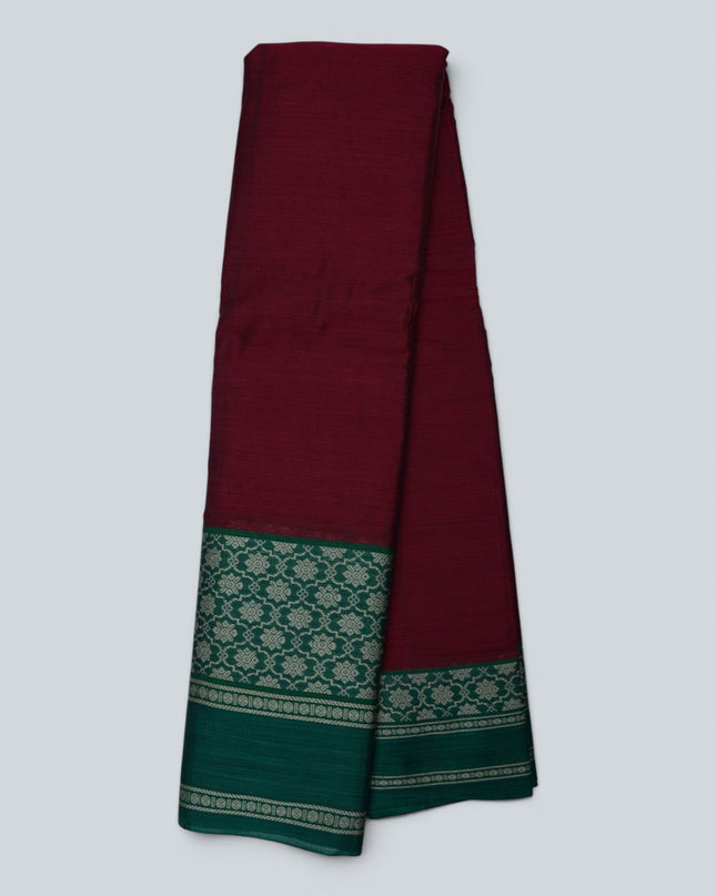Bhavana Handlooms Narayanapet Mercerized Cotton Saree in ruby red with emerald green jacquard border. Lightweight and soft finish.