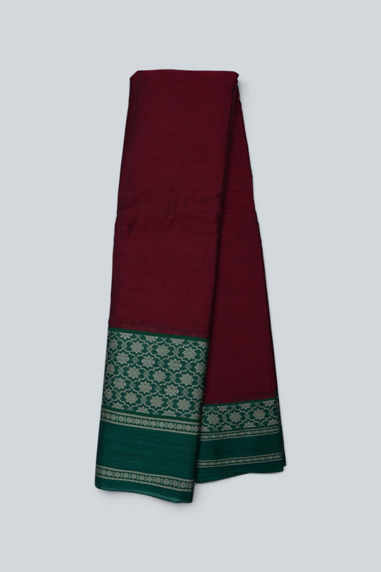 Bhavana Handlooms Narayanapet Mercerized Cotton Saree in ruby red with emerald green jacquard border. Lightweight and soft finish.
