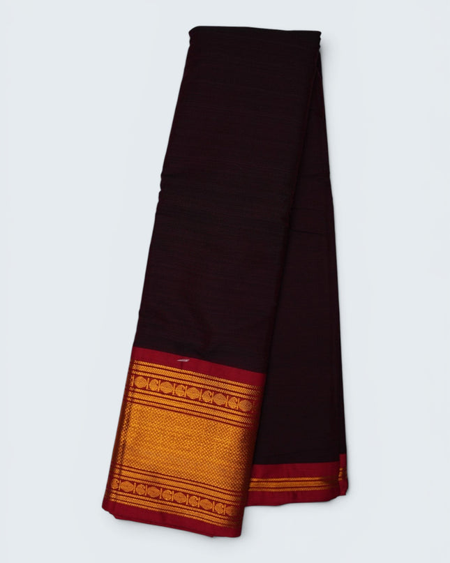 Bhavana Handlooms Narayanapet Mercerized Cotton Saree in wine maroon with gold zari border. Lightweight and soft finish.
