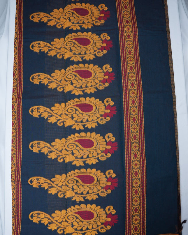 Bhavana Handlooms navy blue Coimbatore handloom saree featuring traditional elephant motifs and mustard gold border.