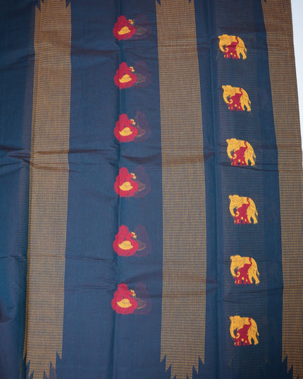 Bhavana Handlooms navy blue Coimbatore handloom saree with mustard gold border and traditional elephant motifs