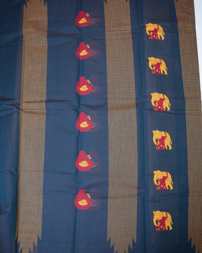 Bhavana Handlooms navy blue Coimbatore handloom saree with mustard gold border and traditional elephant motifs