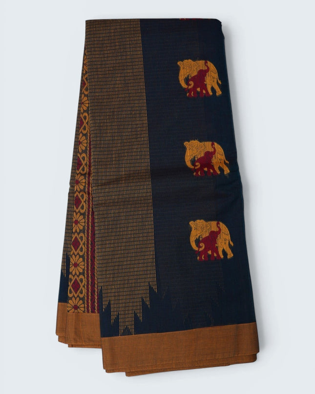 Bhavana Handlooms navy blue Coimbatore handloom saree featuring traditional elephant motifs and mustard gold border.