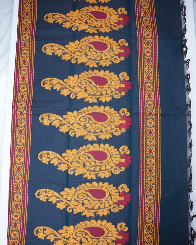 Bhavana Handlooms navy blue handloom saree with mustard yellow bird motifs and a contrast woven border