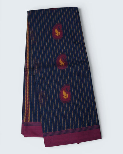 Bhavana Handlooms navy blue Coimbatore handloom saree featuring gold vertical stripes, paisley motifs, and a rani pink border.
