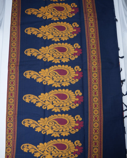 Bhavana Handlooms navy blue handloom saree featuring gold paisley motifs and a contrast rani pink woven border