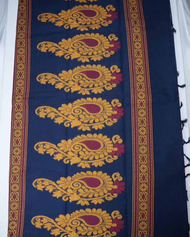 Bhavana Handlooms navy blue handloom saree featuring gold paisley motifs and a contrast rani pink woven border