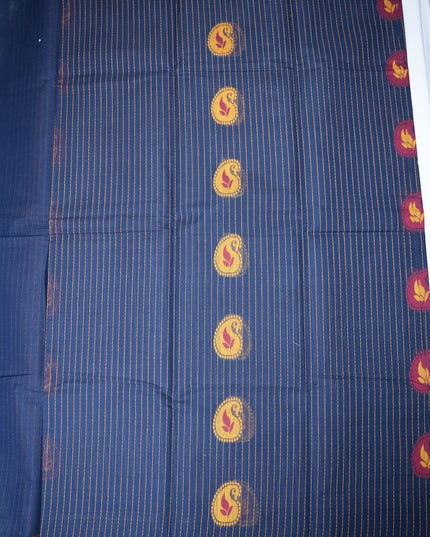 Bhavana Handlooms navy blue Coimbatore handloom saree with gold pinstripes, paisley motifs, and rani pink woven border.