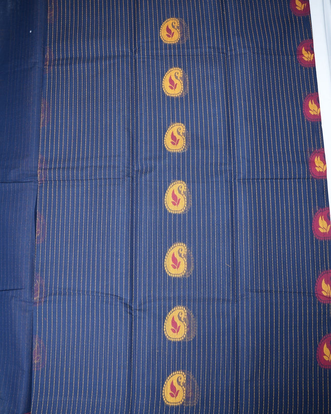 Bhavana Handlooms navy blue Coimbatore handloom saree with gold pinstripes, paisley motifs, and rani pink woven border.