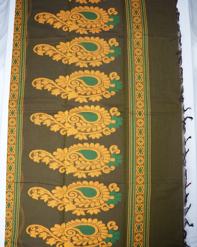 Bhavana Handlooms dark olive green handloom saree with mustard woven border and traditional bird motifs