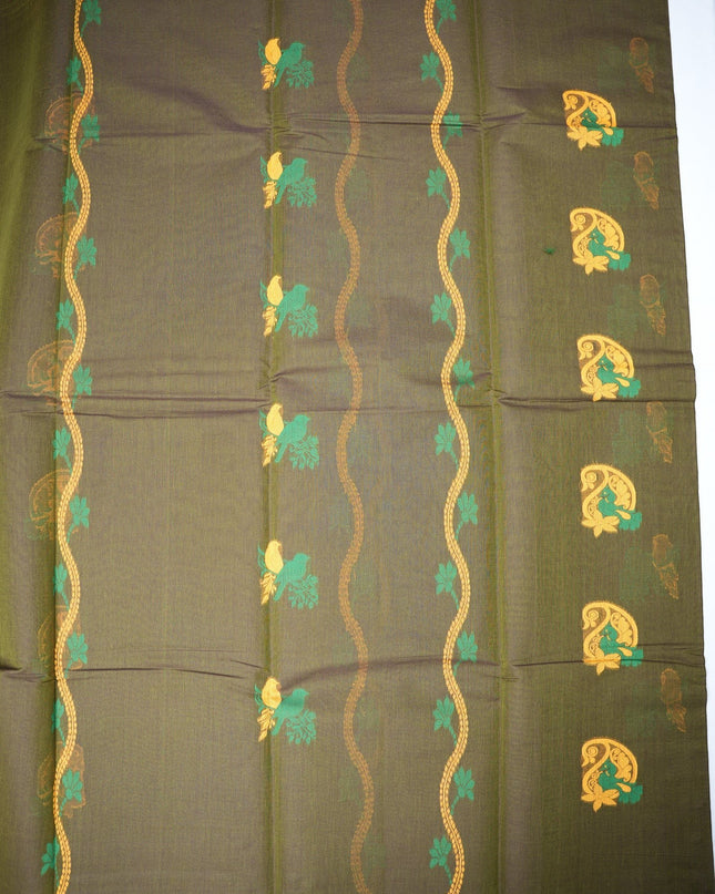 Bhavana Handlooms dark olive green Coimbatore handloom saree with bird motifs and a contrast mustard woven border