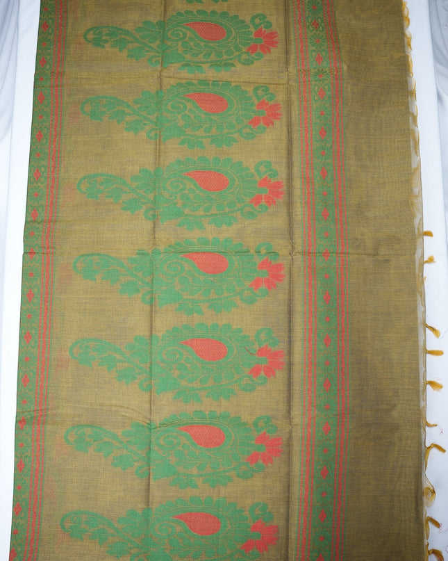 Bhavana Handlooms olive green Coimbatore handloom saree with traditional bird motifs and a contrast maroon woven border.