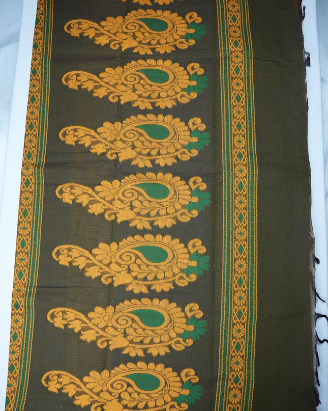 Bhavana Handlooms dark olive green Coimbatore handloom saree with mustard gold woven border and elephant motifs.
