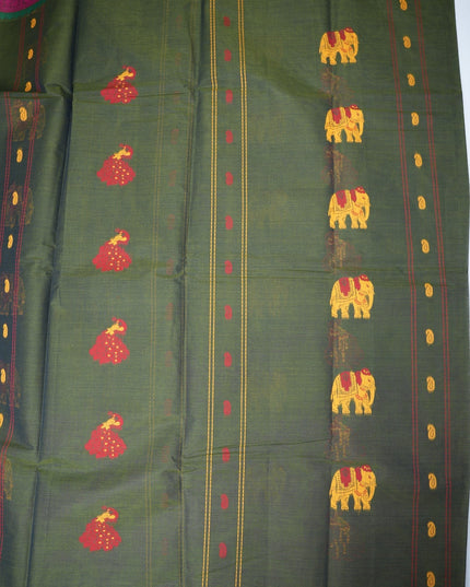Bhavana Handlooms dark olive green Coimbatore handloom saree with traditional elephant motifs and rani pink border