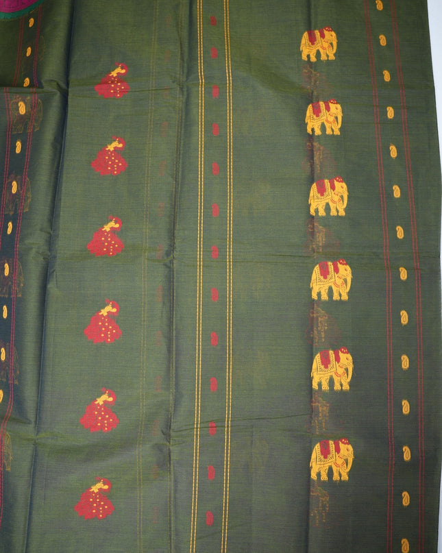 Bhavana Handlooms dark olive green Coimbatore handloom saree with traditional elephant motifs and rani pink border