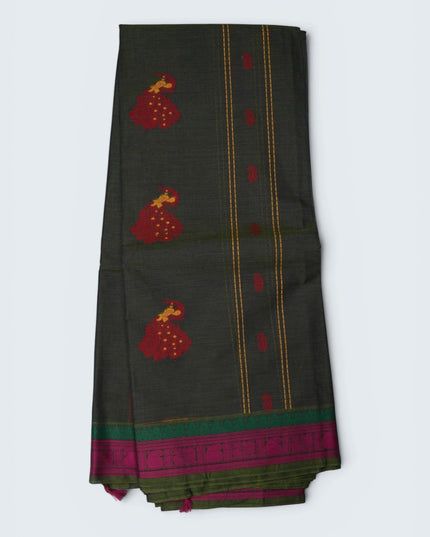 Bhavana Handlooms dark olive green Coimbatore handloom saree with peacock motifs and contrast rani pink woven border