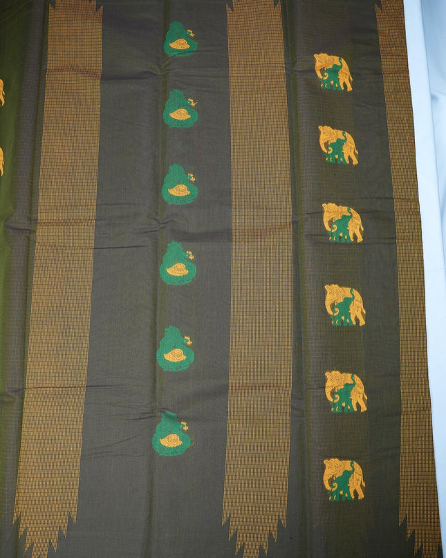 Bhavana Handlooms dark olive green Coimbatore handloom saree featuring mustard gold borders and elephant motifs.