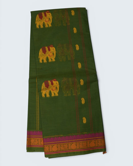 Bhavana Handlooms dark olive green Coimbatore handloom saree with yellow elephant motifs and contrast rani pink border