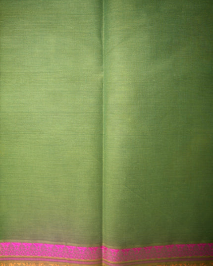 Bhavana Handlooms dark olive green Coimbatore handloom saree featuring traditional elephant motifs and rani pink border