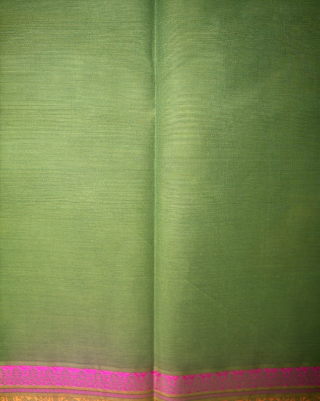 Bhavana Handlooms dark olive green Coimbatore handloom saree featuring traditional elephant motifs and rani pink border