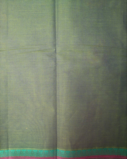 Bhavana Handlooms dark olive green Coimbatore handloom saree with traditional peacock motifs and rani pink border.