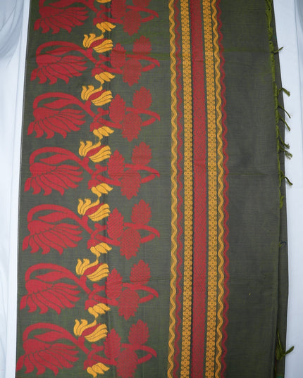 Bhavana Handlooms dark olive green Coimbatore handloom saree with red peacock motifs and contrast rani pink border