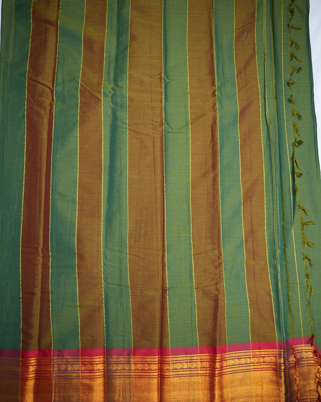 Bhavana Handlooms olive green mercerized cotton saree with gold zari border and striped pattern. Lightweight drape.